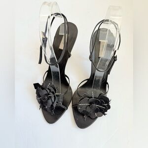 Prada Vintage Black Leather Flower embellished wrap around ankle strap heels 38